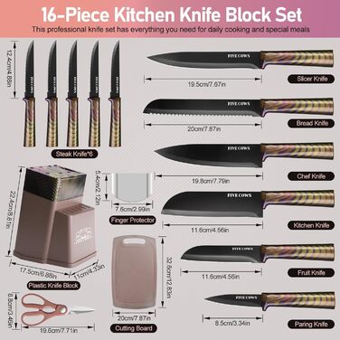 Набір кухонних ножів Messerblock 16 предметів з дерев'яною підставкою, дощечкою, захистом пальців, точилкою та кухонними ножицями. Професійний набір ножів для дому (зелений/рожевий)