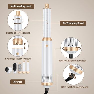 Airstyler 5 в 1: Фен-щітка для волосся, 1000W, білий. Створення об'єму, сушка, укладка, завивки. Підходить для всіх типів волосся. Набір з автоматичними локонами