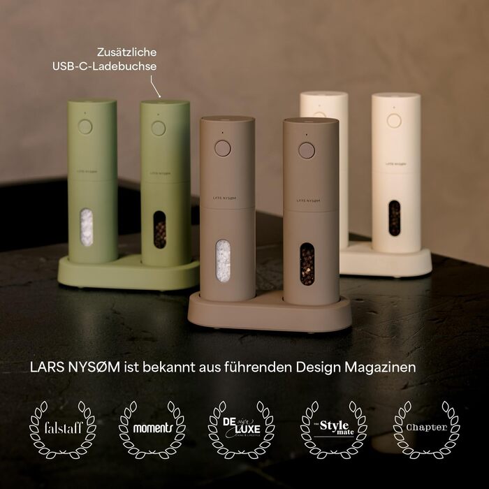 LARS NYSØM Electric Salt and Pepper Grinder Set of 2 with Adjustable Ceramic Grinding Mechanism from Coarse to Fine | Design Spice Grinder Set Automatic (2 Pieces) (Carbon Black)