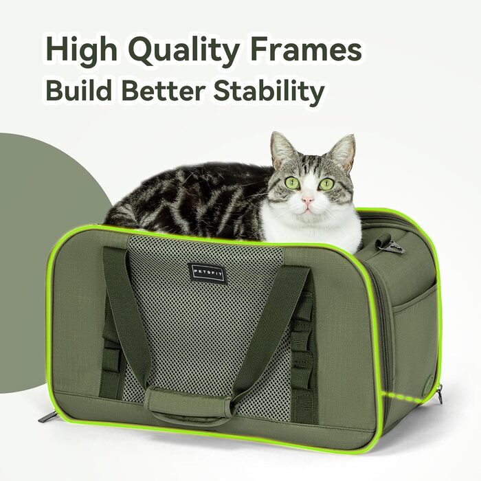 Транспортна переноска для кота та собаки Petsfit - міцна, дихаюча, з ковдрою та ручкою-телескопом, оливковий (49x23x28 см)
