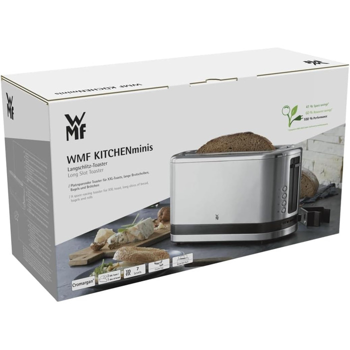 WMF Kitchenminis Long Slot Toaster with Roll Attachment, 2 Slices, XXL, Bagel Function, 7 Browning Levels, 900W, Toaster Stainless Steel Matte
