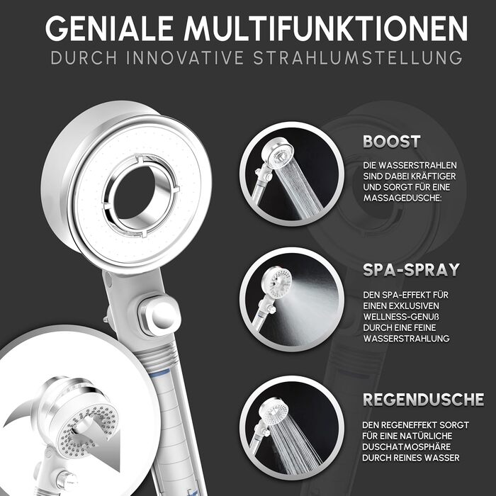 senstil® Premium Shower Head with Hose | Up to 60% Water-Saving Handheld Shower | 3 Spray Modes | SPA, Rain Shower, Booster | Optimal Water Pressure, Smart-Stop Button Saves Water & Energy (White)