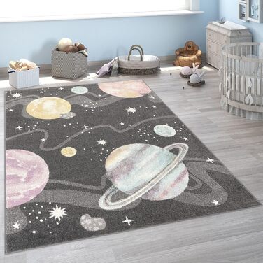 Paco Home Children's Rug, Children's Room, Boy, Girl, Modern, Space, Planets, Stars, Soft, Anthracite, Multicolored, Size: 160x220 cm, 160 x 220 cm (Rectangular)