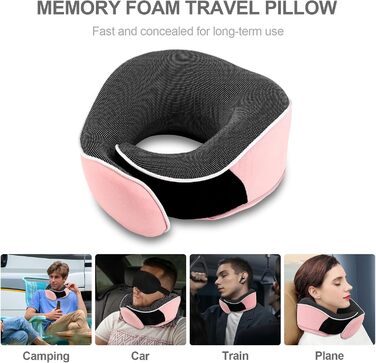 Подушка для шиї з Memory Foam, комплект з маскою для очей, навушниками та чохлом, ергономічна, для подорожей (рожева)