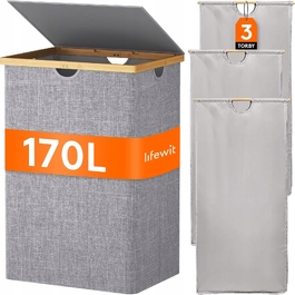 Кошик для прання Lifewit 170 л з кришкою та 3 секціями — бамбук, сірий (ДЕФЕКТ)