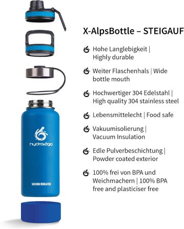 Термос-фляга Hydro2Go Edelstahl X-AlpsBottle 1000 мл, блакитний (Sky Blue 2.0) – вакуумна, з 3 кришками, не протікає