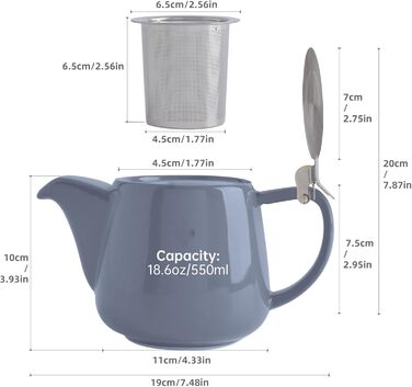 VIVILINEN Porcelain Teapot, Ceramic, Handmade, 18/8 Stainless Steel Strainer, Fine Mesh Stainless Steel Infuser with Filter (Gray)
