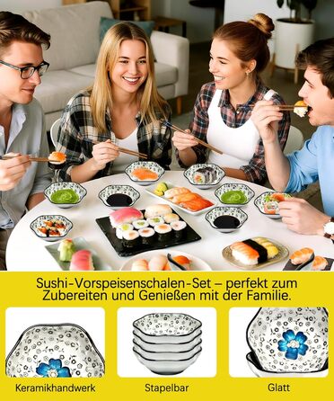 Набір для суші на 4 особи, 12 предметів, кераміка, набір для подачі суші, керамічні соусники, дизайн 'Плюм-квіт', ідеальний подарунок