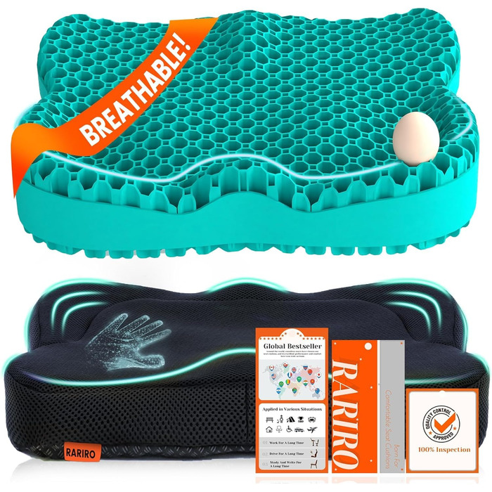 Гелеве сидіння для офісного крісла: ергономічна подушка з подвійною структурою та стільниковою поверхнею (зелена, 43x37x7 см). Для тривалого сидіння, автомобіля, каяка, інвалідного візка. Подушка для куприка та ішіасу.