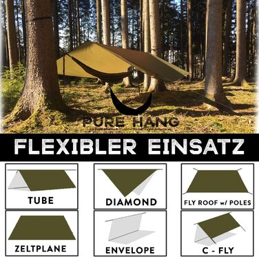 PURE HANG Преміум Намет-Тарп 3x3 для Гамака, Outdoor, Кемпінг, 100% Водонепроникний, з Люверсами, Сонцезахист, UV Захист, 3x3 Military Green