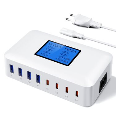 Зарядний пристрій RENGOGA 200W USB C GaN з 8 портами, LED дисплеєм, 65W USB-станція для iPad Pro/Air, MacBook, iPhone 16/15/14, Galaxy S24 - Білий
