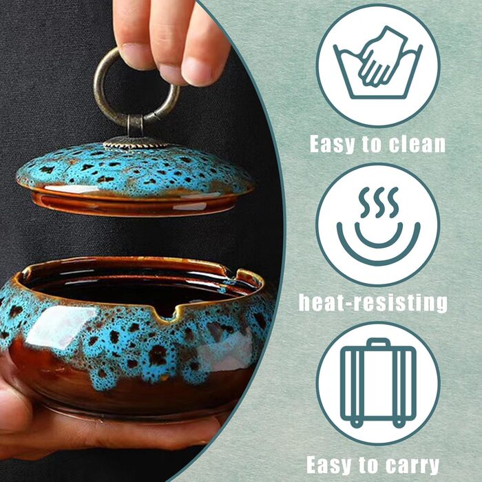 Керамічна попільничка з кришкою, попільничка для сигарет для дому та офісу (Блакитна)