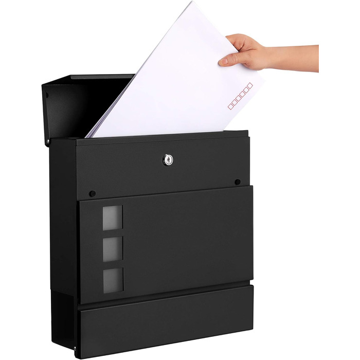 Поштовий ящик SONGMICS XXL з газетницею, чорний, 37x37x10.5 см, з ключем, вікном, захистом від реклами, для дому та саду