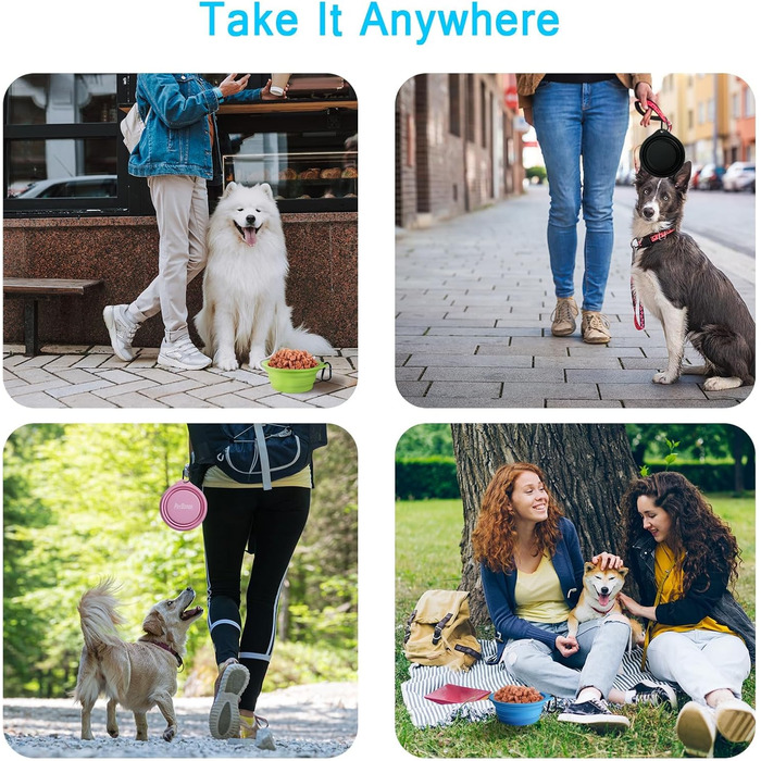 Складані годівниці для собак PetBonus (2 шт.) з силікону, 1000 мл, для води та корму, з карабіном, фіолетовий, рожевий