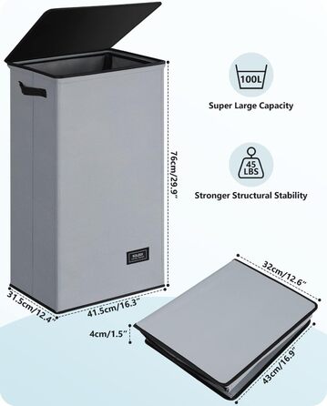 SOLEDI 100L Laundry Basket, Laundry Hamper with Lid and Laundry Bag - Large Laundry Sorter for Bathroom, Bedroom, Laundry Room, Kids' Room