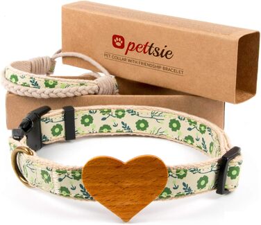 Нашийник для собак Pettsie з серцем та браслетом дружби, регульовані розміри S та M, комфортний дизайнерський льон, міцний та довговічний, чудовий подарунок для любителів собак (35,6 - 50,8 см (M), Зелений)