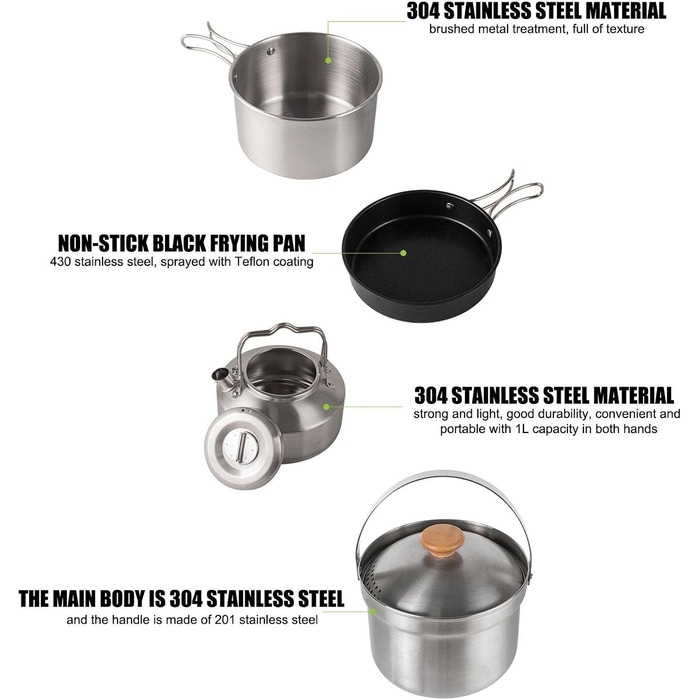 Набір кухонного посуду Pomurom Outdoor: нержавіюча сталь, для кемпінгу, пікніків та походів. Включає каструлю, чайник, набір посуду та сумку для зберігання