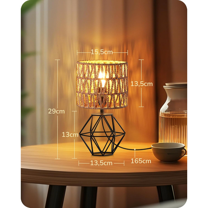 EDISHINE Настільна лампа, сучасний індустріальний дизайн, цоколь E14, вінтаж, для спальні/вітальні, білий & золотий (ротанг + чорний)