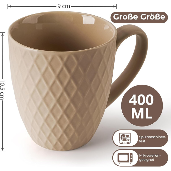 MIAMI – 6 x 400 ml – Coffee Cup Set/Mug – Modern Matte Ceramic Cup – Large Coffee Cup – Palmanova Collection (Beige)