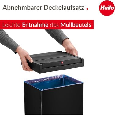 Відро для сміття Hailo Big-Box Swing XL, 52 л, чорне, з кришкою-маятником, нержавіюча сталь, кріплення для мішка, для кухні, Made in Germany