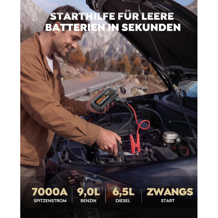 Бустер для автомобіля TREKURE 7000A — Пусковий пристрій (Powerbank) для авто до 9л бензин та 6.5л дизель, з функцією примусового запуску, магнітним кріпленням та 4-в-1 LED робочим світлом