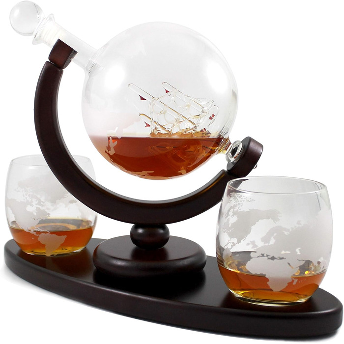 Globus Decanter Gift Set. Includes a wooden base, 2 glasses, 2 coasters, a shot glass, and a funnel. This whiskey decanter and glasses set is the perfect gift.