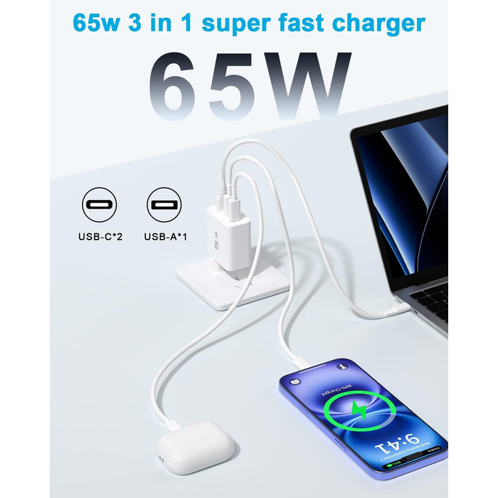 Зарядний пристрій USB-C 8-в-1, 65W: Швидка зарядка для MacBook, iPhone, iPad, Samsung, ноутбуків (PD GaN)