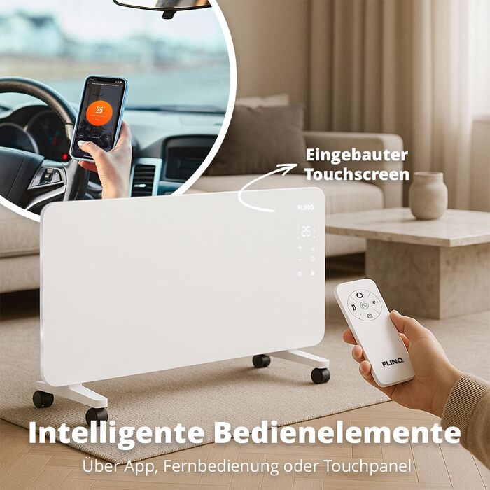 Розумний конвектор FlinQ Smart 2000W, електричний обігрівач з Wi-Fi керуванням, 96 x 46 x 13 см, білий