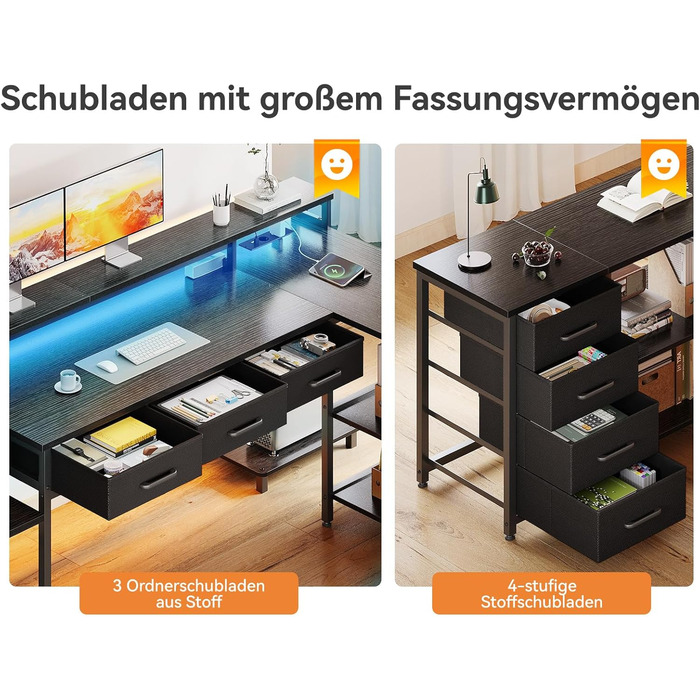 Ігровий стіл Coleshome з 7 висувними ящиками та великим об'ємом зберігання, 199.5×145.5 см, кутовий стіл з RGB LED підсвічуванням, реверсивний L-подібний стіл з 2 розетками, ідеальний для офісу та геймінгу, чорний, 199.5×145.5 см