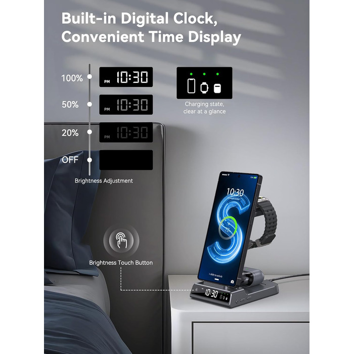 Бездротовий зарядний пристрій 3-в-1 для Samsung Galaxy S25 Ultra, Watch 8/7/Ultra, Buds, сірий колір