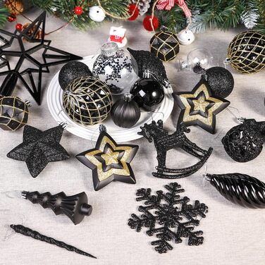 Набір з 100 штучних новорічних кулькок Shareconn, міцні, з гачками, різні розміри та дизайни, декор для ялинки, внутрішнє та зовнішнє прикрашання (чорний)