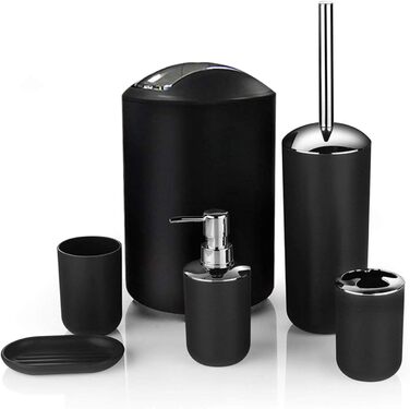 Набір аксесуарів для ванної кімнати Icegrey: 6 предметів, чорний (дозатор для рідкого мила, тримач для зубних щіток, стакан, мильниця, тримач для туалетного йоржика, сміттєвий контейнер)