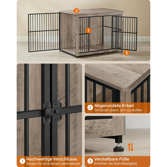 Клітка для собак Feandrea XL, меблева, з журнальним столиком, для собак до 37 кг, міцна, закритий дно, 2 двері, сірий меланж (110 x 76 x 82 см)