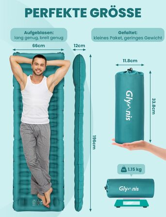 Glymnis Isomatte Camping Air Mattress - 9cm Thick, with Foot Pump & Pillow - Ultralight Outdoor Sleeping Pad for Camping, Hiking, Travel - Army Green/Turquoise
