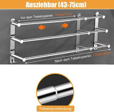 Телескопічний тримач для рушників ANBOO, висувний (43-75 см), 2-рукий stainless steel з 4 гачками для ванної кімнати та кухні, без свердління