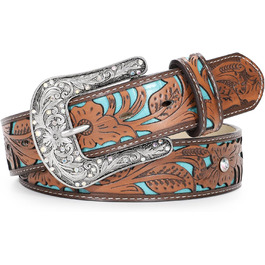 Жіночий шкіряний ремінь XZQTIVE Vintage у стилі вестерн з гравіюванням для джинсів, штанів, суконь. Колір: темно-коричневий, синій (бірюзовий діамант). Довжина: 100 см, підходить для об'єму талії 68-80 см