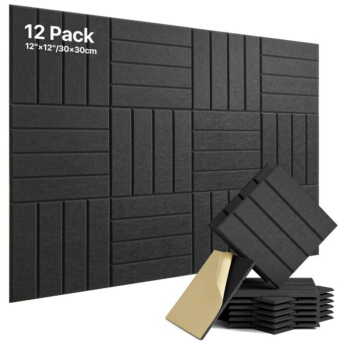 Акустичні панелі Soundsbay для шумоізоляції та звукопоглинання, самоклеючі поліестерні плити 30×30×0.9 см, чорні, 12 шт.