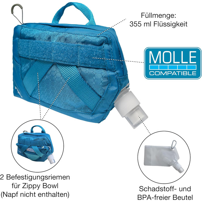 Водна пляшка для собак Kurgo RSG з відстібною сумкою, сумісна з MOLLE, кріплення для службового нашийника, блакитна, універсальний розмір