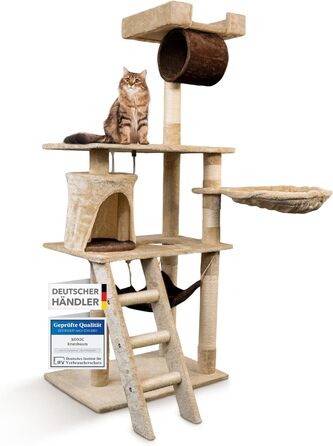 Кігтеточка Foxdevil для котів Xonic® - багатофункціональна кігтеточка з оглядовою платформою, гамаком, затишною печерою, іграшковою шнуркою, сходами – 141 см – (Бежевий/Коричневий V1)