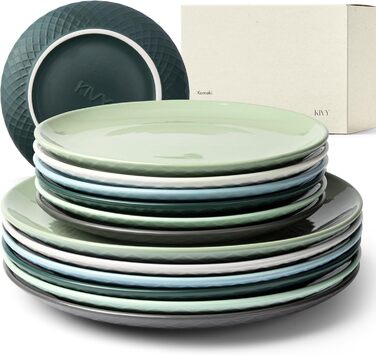 KIVY Dinnerware Set for 6 People [Scratch & Dishwasher Safe] 6x27cm + 6x22cm - Plate Set 12-Piece Modern - Dinnerware Set - Combination Service - Green Dinnerware Set - Dinner Plates - Dessert Plates - Dinnerware