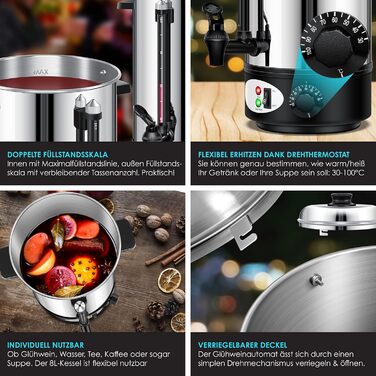 KESSER® Mulled Wine Boiler 8L Stainless Steel Incl. 10 Cups Mulled Wine Cooker with Thermostat Mulled Wine Dispenser Hot Beverage Dispenser Water Boiler Hot Water Dispenser Canning Device Level Indicator Tap Silver