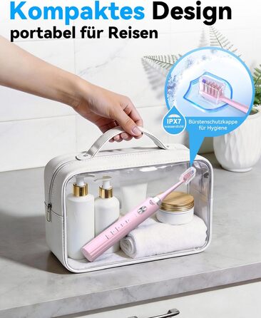 Електрична звукова зубна щітка JTF з УФ-дезінфекцією та сушінням, бездротова зарядка, 5 режимів чищення, 6 насадок, стаканчик, акумуляторна для дому та подорожей (Рожева)