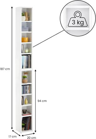 CD DVD BluRay Regal Chart in White – Two-Piece Media Shelf, Storage, CD Stand with 10 Compartments for up to 160 CDs, 20x187 cm (W x H)