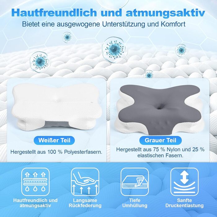 Ортопедична подушка для сну з Memory Foam - для шиї, спини та сну на боці. Подушка з ефектним покриттям з льонової тканини (темно-сіра)