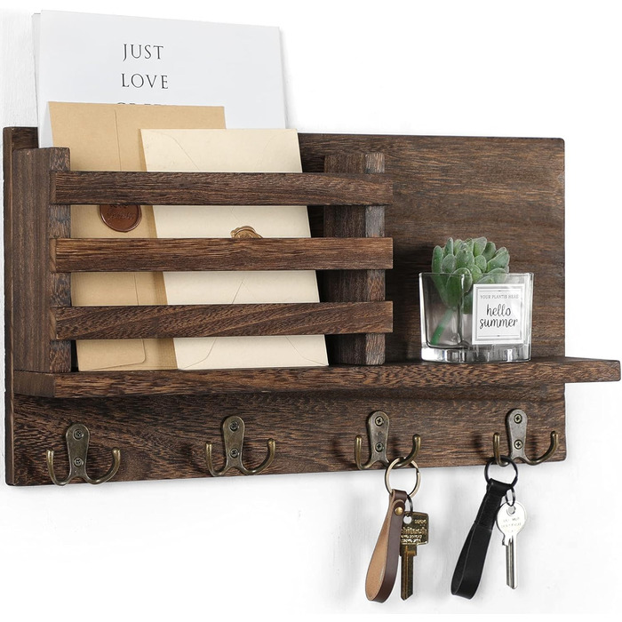 Keys and Mail Holder for Wall Rustic Natural Paulownia Wood 4 Double Hook Hanger Wall Organizer for Decoration, Bags, Accessories, Hardware and Manual Included (brown)