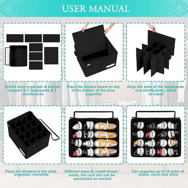 Shoe Organizer for Closet, Fits 16 Pairs, Large Shoe Cabinet, Shoe Box with Transparent Lid, Sturdy Storage Box for Shoe Storage, Space-Saving Shoe Rack with Handles, Black