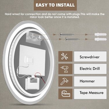 Дзеркало для ванної кімнати Viugreum з підсвічуванням 50x75 см, овальне LED дзеркало, регульована яскравість, 3 кольори світла, протитуманне покриття, годинник, сенсорна кнопка, LED дзеркало для ванної кімнати, вітальні (60 см кругле)