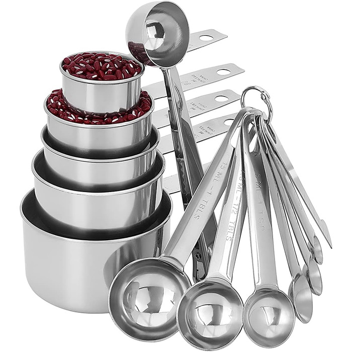 Wmtidene 13-Piece Measuring Cups and Spoons Set, Stainless Steel, 5 Measuring Cup Set and 6 Measuring Spoon Set, 1 Coffee Spoon, 1 Leveler for Dry and Liquid Ingredients