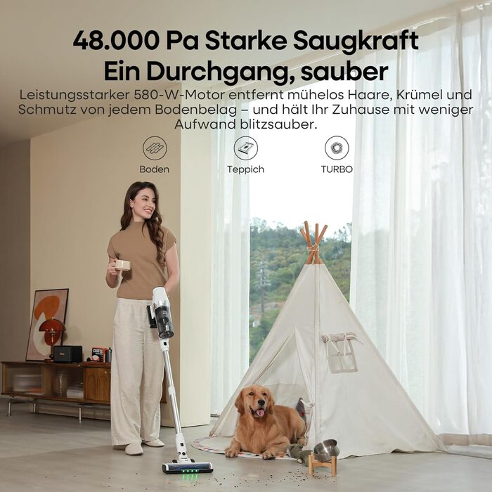 Акумуляторний пилосос ElecKeys 48000Pa/580W з LED-дисплеєм, антизаплутана щітка, 65 хвилин роботи, 7-шарова фільтрація, для твердих поверхонь, килимів та шерсті тварин, білий