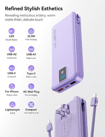 Ультрапортативний зовнішній акумулятор Power Bank 12000 mAh з вбудованим кабелем та мережевою вилкою AC, швидка зарядка SCP 22.5W та PD 20W USB-C, LED-дисплей, для iPhone та Samsung